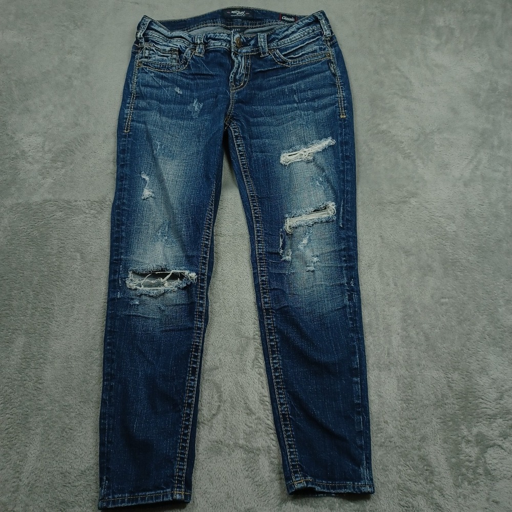 Silver Jeans‎ Womens 29 Blue Denim Suki Mid Rise Ankle Skinny Distressed